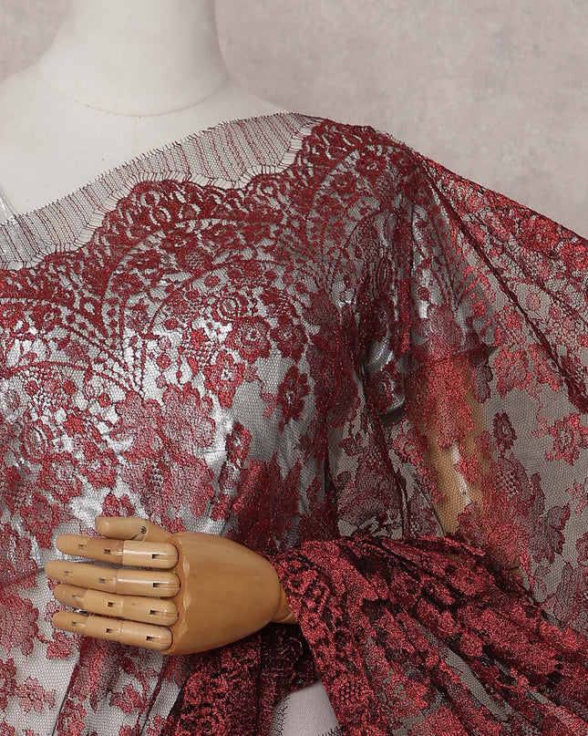 Metallic Ruby Red Chantilly Lace Saree | Regal Fabrics