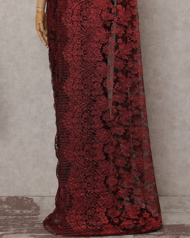 Metallic Ruby Red Chantilly Lace Saree | Regal Fabrics