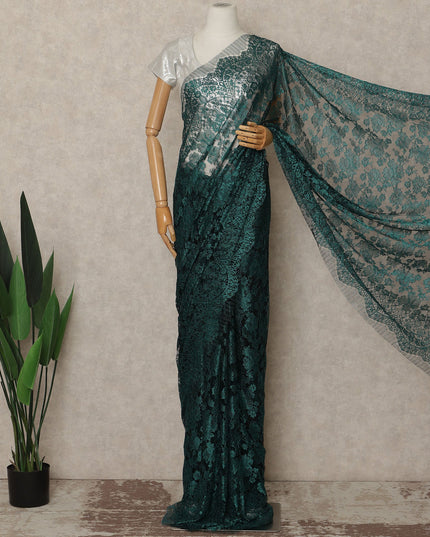 Emerald Green Metallic French Chantilly Saree Lace Elegant Floral Net Design 5.5 Mtrs Length 110 Cms Width Premium Soft Sheer Fabric France Origin-D28915 Regal Fabrics