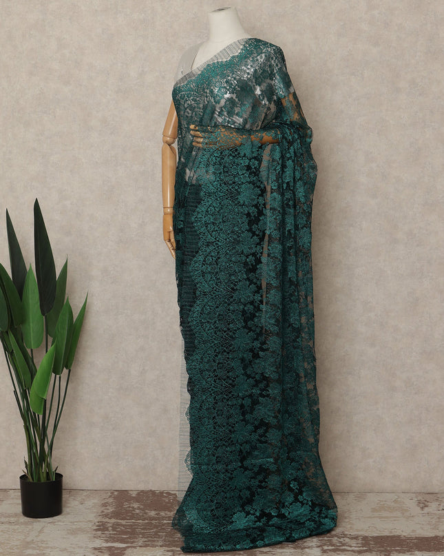 Emerald Green Metallic French Chantilly Saree Lace Elegant Floral Net Design 5.5 Mtrs Length 110 Cms Width Premium Soft Sheer Fabric France Origin-D28915 Regal Fabrics