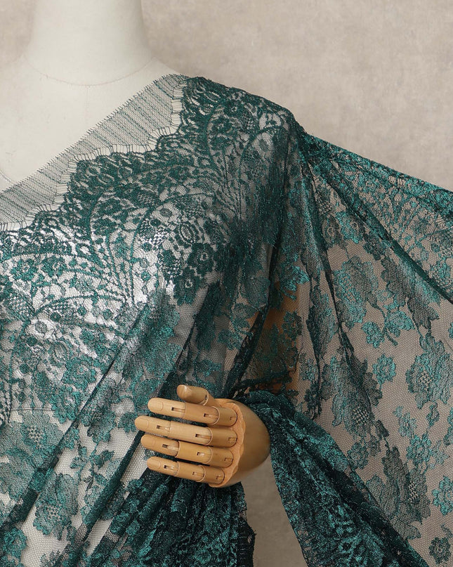 Emerald Green Metallic French Chantilly Saree Lace Elegant Floral Net Design 5.5 Mtrs Length 110 Cms Width Premium Soft Sheer Fabric France Origin-D28915 Regal Fabrics
