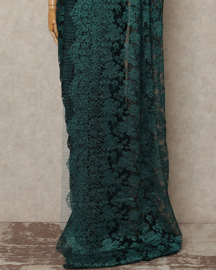 Emerald Green Metallic French Chantilly Saree Lace Elegant Floral Net Design 5.5 Mtrs Length 110 Cms Width Premium Soft Sheer Fabric France Origin-D28915 Regal Fabrics