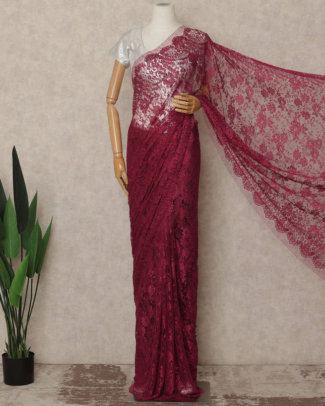 Wine Pink Metallic French Chantilly Saree Lace Elegant Floral Net Design 5.5 Mtrs Length 110 Cms Width Premium Soft Sheer Fabric France Origin-D28916 Regal Fabrics