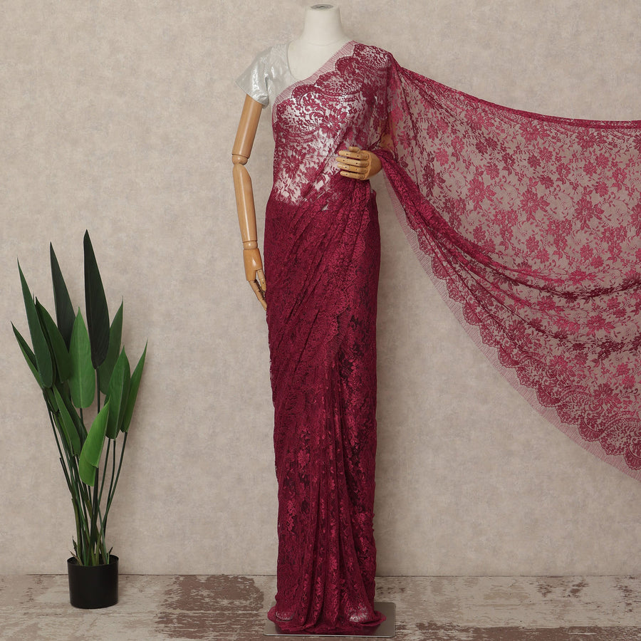 Wine Pink Metallic French Chantilly Saree Lace Elegant Floral Net Design 5.5 Mtrs Length 110 Cms Width Premium Soft Sheer Fabric France Origin-D28916 Regal Fabrics
