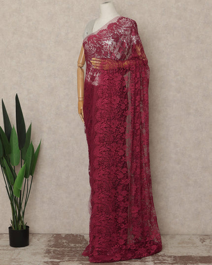 Wine Pink Metallic French Chantilly Saree Lace Elegant Floral Net Design 5.5 Mtrs Length 110 Cms Width Premium Soft Sheer Fabric France Origin-D28916 Regal Fabrics