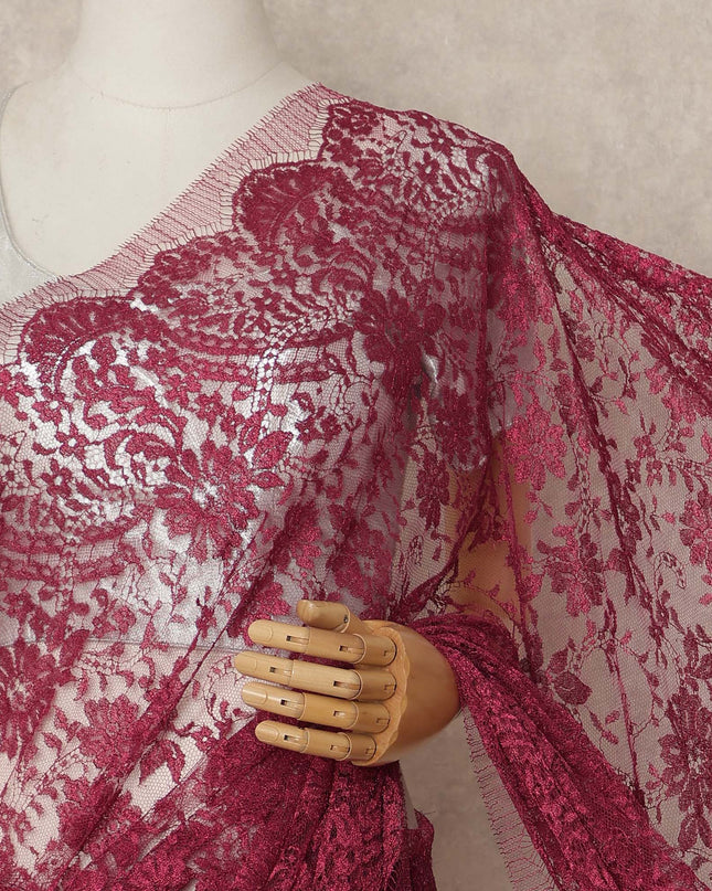 Wine Pink Metallic French Chantilly Saree Lace Elegant Floral Net Design 5.5 Mtrs Length 110 Cms Width Premium Soft Sheer Fabric France Origin-D28916 Regal Fabrics