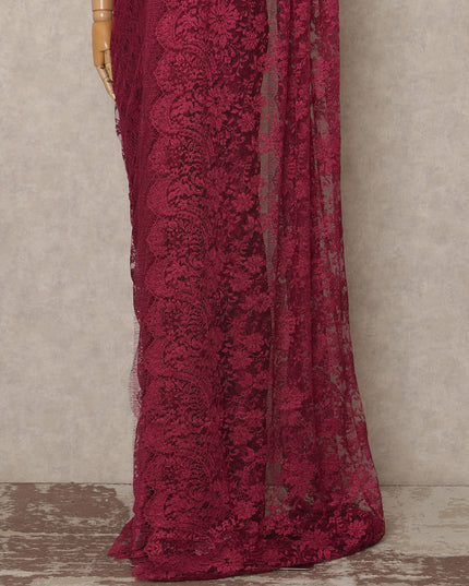 Wine Pink Metallic French Chantilly Saree Lace Elegant Floral Net Design 5.5 Mtrs Length 110 Cms Width Premium Soft Sheer Fabric France Origin-D28916 Regal Fabrics