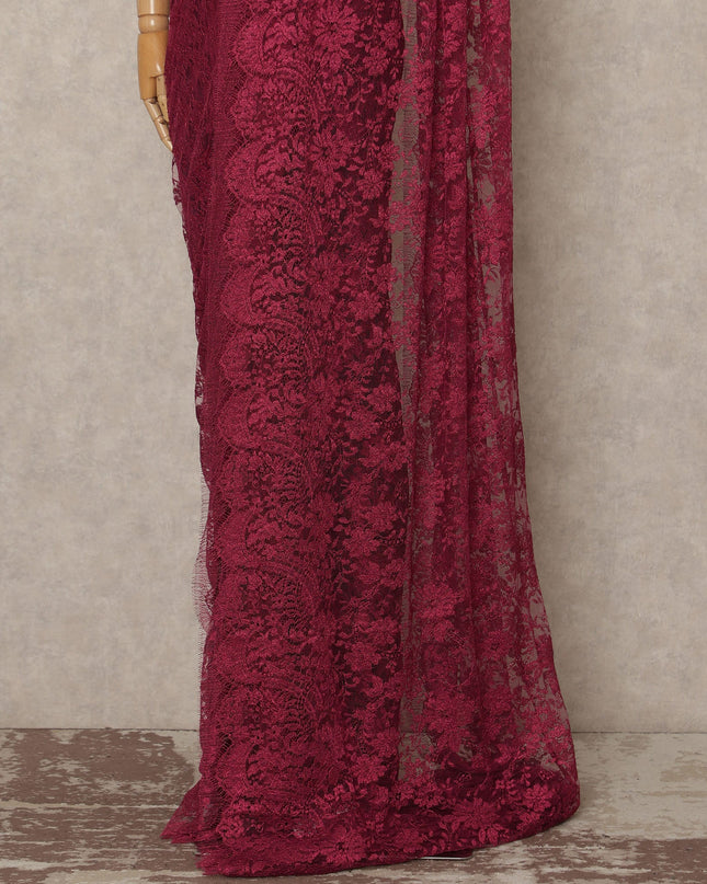 Wine Pink Metallic French Chantilly Saree Lace Elegant Floral Net Design 5.5 Mtrs Length 110 Cms Width Premium Soft Sheer Fabric France Origin-D28916 Regal Fabrics