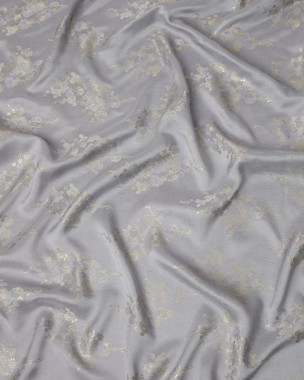 Silver Grey Metallic Floral Botanical Printed Pure Silk Crepe Fabric Soft Draping Lightweight Dress Material 140 Cms Width India Origin-D28820 Regal Fabrics