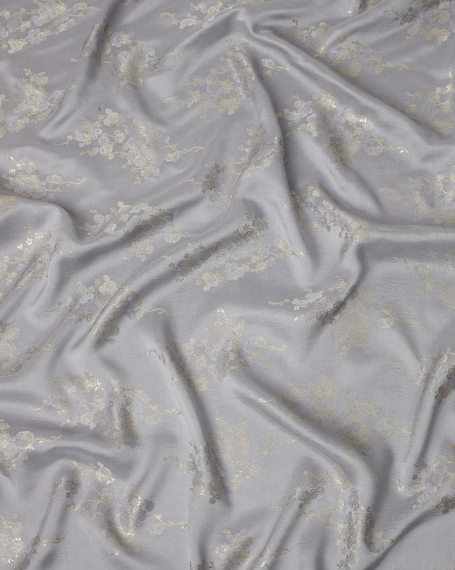 Silver Grey Metallic Floral Botanical Printed Pure Silk Crepe Fabric Soft Draping Lightweight Dress Material 140 Cms Width India Origin-D28820 Regal Fabrics