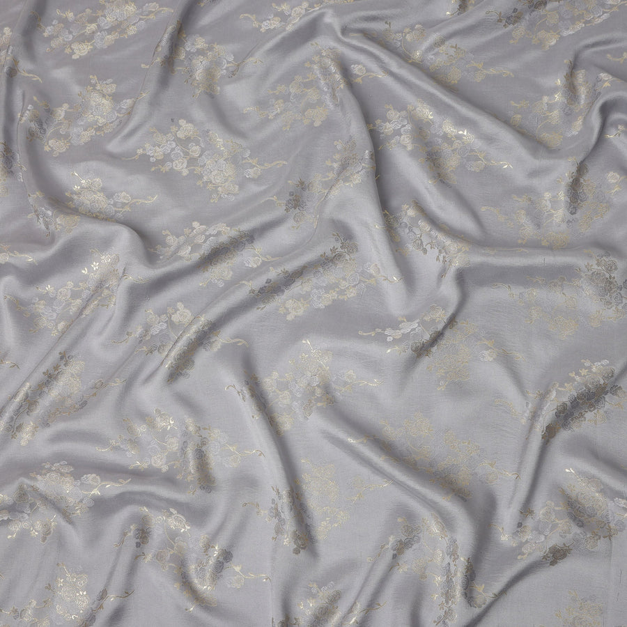 Silver Grey Metallic Floral Botanical Printed Pure Silk Crepe Fabric Soft Draping Lightweight Dress Material 140 Cms Width India Origin-D28820 Regal Fabrics