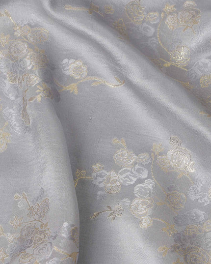 Silver Grey Metallic Floral Botanical Printed Pure Silk Crepe Fabric Soft Draping Lightweight Dress Material 140 Cms Width India Origin-D28820 Regal Fabrics