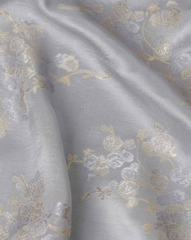 Silver Grey Metallic Floral Botanical Printed Pure Silk Crepe Fabric Soft Draping Lightweight Dress Material 140 Cms Width India Origin-D28820 Regal Fabrics