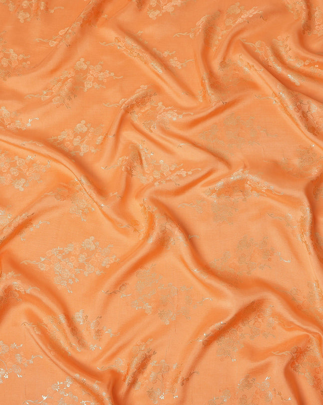 Peach Orange Metallic Floral Botanical Printed Pure Silk Crepe Fabric Soft Draping Lightweight Dress Material 140 Cms Width India Origin-D28821 Regal Fabrics