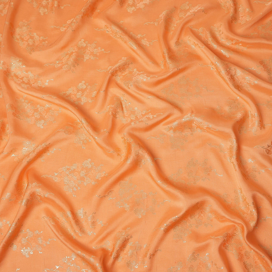 Peach Orange Metallic Floral Botanical Printed Pure Silk Crepe Fabric Soft Draping Lightweight Dress Material 140 Cms Width India Origin-D28821 Regal Fabrics