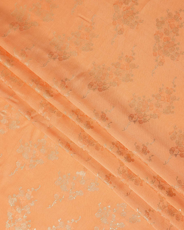 Peach Orange Metallic Floral Botanical Printed Pure Silk Crepe Fabric Soft Draping Lightweight Dress Material 140 Cms Width India Origin-D28821 Regal Fabrics