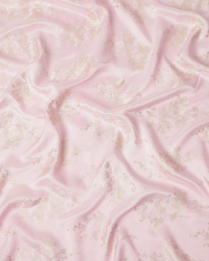 Baby Pink Metallic Floral Botanical Printed Pure Silk Crepe Fabric Soft Draping Lightweight Dress Material 140 Cms Width India Origin-D28823 Regal Fabrics