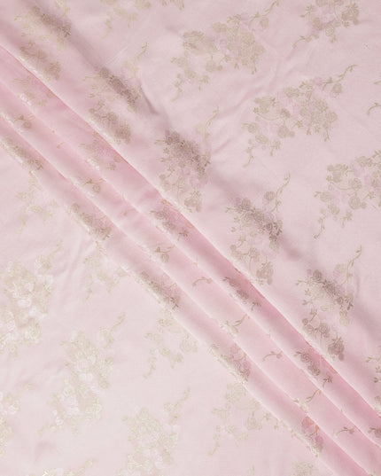 Baby Pink Metallic Floral Botanical Printed Pure Silk Crepe Fabric Soft Draping Lightweight Dress Material 140 Cms Width India Origin-D28823 Regal Fabrics