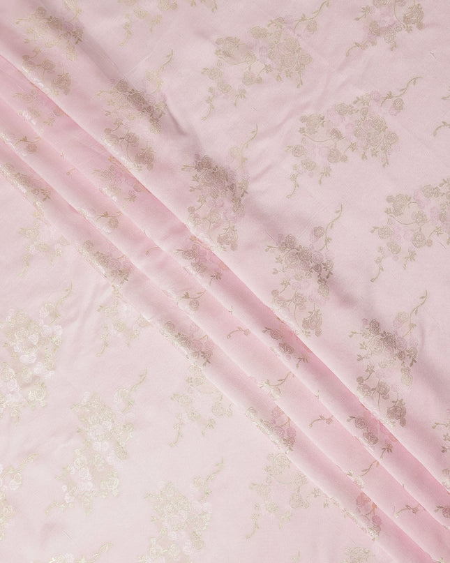 Baby Pink Metallic Floral Botanical Printed Pure Silk Crepe Fabric Soft Draping Lightweight Dress Material 140 Cms Width India Origin-D28823 Regal Fabrics