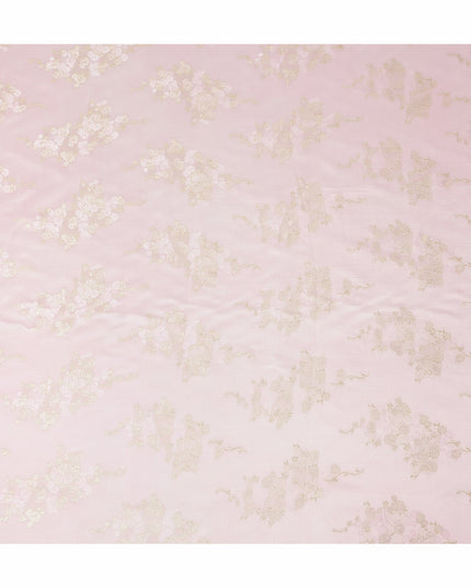 Baby Pink Metallic Floral Botanical Printed Pure Silk Crepe Fabric Soft Draping Lightweight Dress Material 140 Cms Width India Origin-D28823 Regal Fabrics