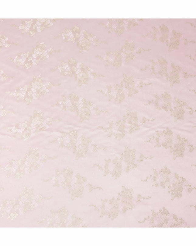 Baby Pink Metallic Floral Botanical Printed Pure Silk Crepe Fabric Soft Draping Lightweight Dress Material 140 Cms Width India Origin-D28823 Regal Fabrics