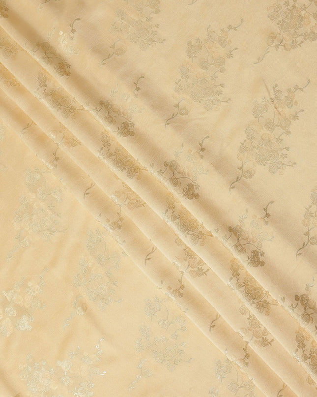 Champagne Gold Metallic Floral Botanical Printed Pure Silk Crepe Fabric Soft Draping Lightweight Dress Material 140 Cms Width India Origin-D28824 Regal Fabrics