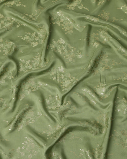 Olive Green Metallic Floral Botanical Printed Pure Silk Crepe Fabric Soft Draping Lightweight Dress Material 140 Cms Width India Origin-D28825 Regal Fabrics