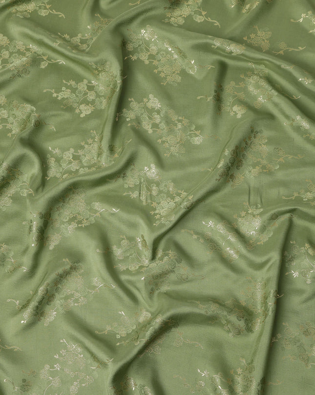 Olive Green Metallic Floral Botanical Printed Pure Silk Crepe Fabric Soft Draping Lightweight Dress Material 140 Cms Width India Origin-D28825 Regal Fabrics