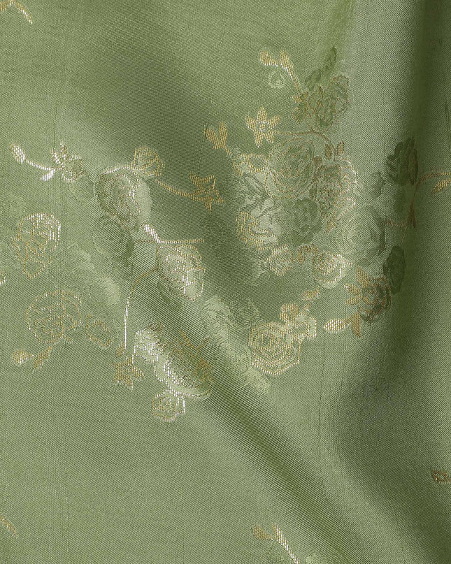 Olive Green Metallic Floral Botanical Printed Pure Silk Crepe Fabric Soft Draping Lightweight Dress Material 140 Cms Width India Origin-D28825 Regal Fabrics