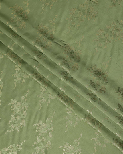 Olive Green Metallic Floral Botanical Printed Pure Silk Crepe Fabric Soft Draping Lightweight Dress Material 140 Cms Width India Origin-D28825 Regal Fabrics