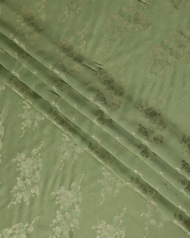 Olive Green Metallic Floral Botanical Printed Pure Silk Crepe Fabric Soft Draping Lightweight Dress Material 140 Cms Width India Origin-D28825 Regal Fabrics