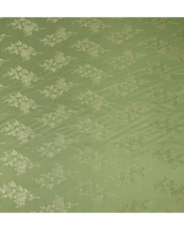 Olive Green Metallic Floral Botanical Printed Pure Silk Crepe Fabric Soft Draping Lightweight Dress Material 140 Cms Width India Origin-D28825 Regal Fabrics