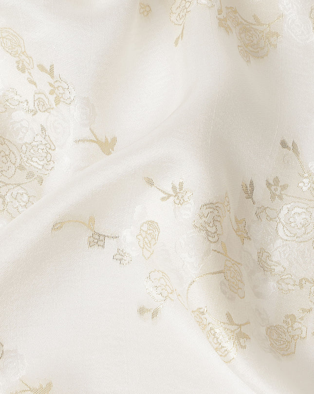 Ivory Cream Metallic Floral Botanical Printed Pure Silk Crepe Fabric Soft Draping Lightweight Dress Material 140 Cms Width India Origin-D28826 Regal Fabrics
