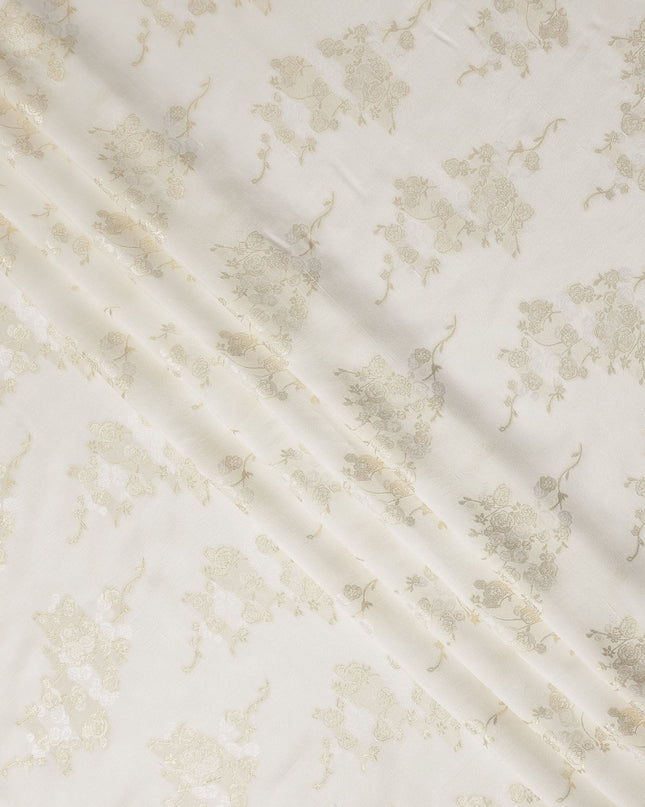 Ivory Cream Metallic Floral Botanical Printed Pure Silk Crepe Fabric Soft Draping Lightweight Dress Material 140 Cms Width India Origin-D28826 Regal Fabrics