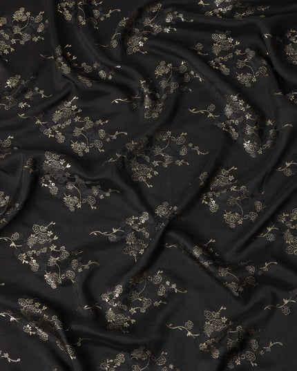 Black Metallic Floral Botanical Printed Pure Silk Crepe Fabric Soft Draping Lightweight Dress Material 140 Cms Width India Origin-D28827 Regal Fabrics
