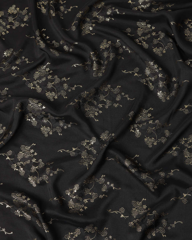 Black Metallic Floral Botanical Printed Pure Silk Crepe Fabric Soft Draping Lightweight Dress Material 140 Cms Width India Origin-D28827 Regal Fabrics