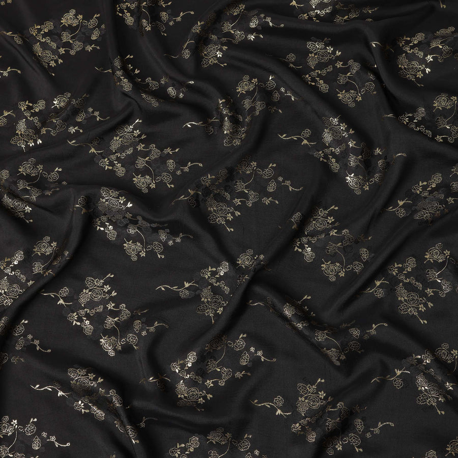 Black Metallic Floral Botanical Printed Pure Silk Crepe Fabric Soft Draping Lightweight Dress Material 140 Cms Width India Origin-D28827 Regal Fabrics