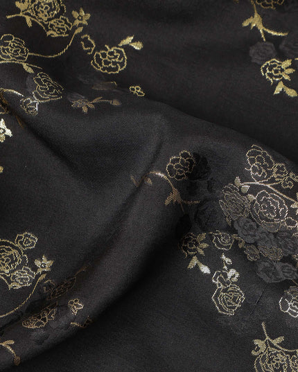 Black Metallic Floral Botanical Printed Pure Silk Crepe Fabric Soft Draping Lightweight Dress Material 140 Cms Width India Origin-D28827 Regal Fabrics