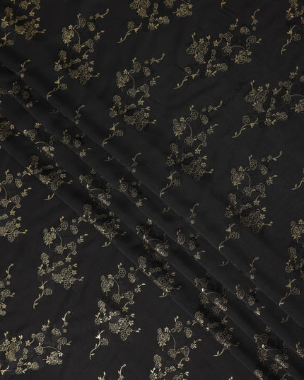 Black Metallic Floral Botanical Printed Pure Silk Crepe Fabric Soft Draping Lightweight Dress Material 140 Cms Width India Origin-D28827 Regal Fabrics