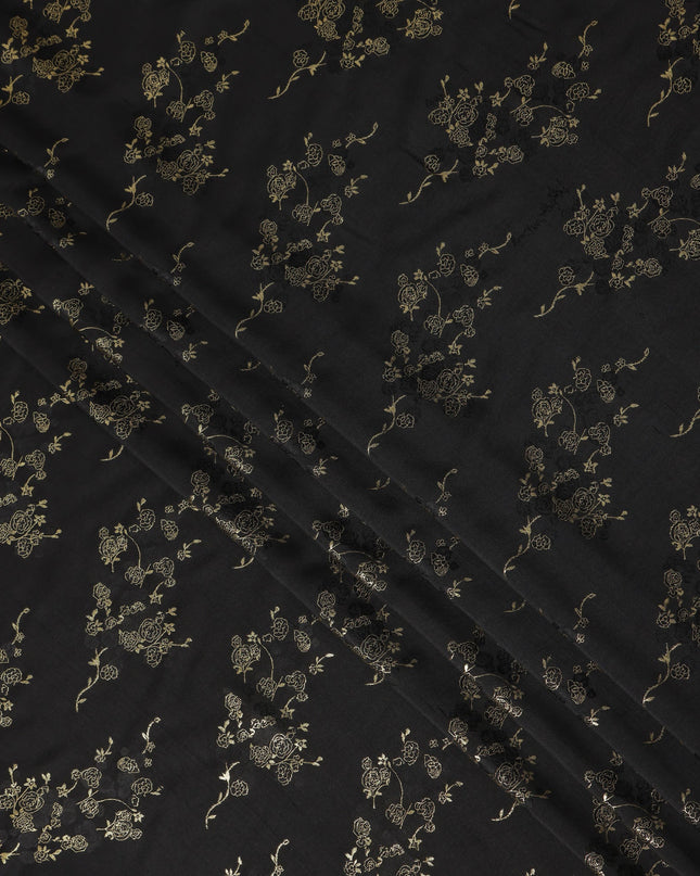 Black Metallic Floral Botanical Printed Pure Silk Crepe Fabric Soft Draping Lightweight Dress Material 140 Cms Width India Origin-D28827 Regal Fabrics