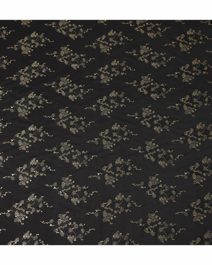 Black Metallic Floral Botanical Printed Pure Silk Crepe Fabric Soft Draping Lightweight Dress Material 140 Cms Width India Origin-D28827 Regal Fabrics