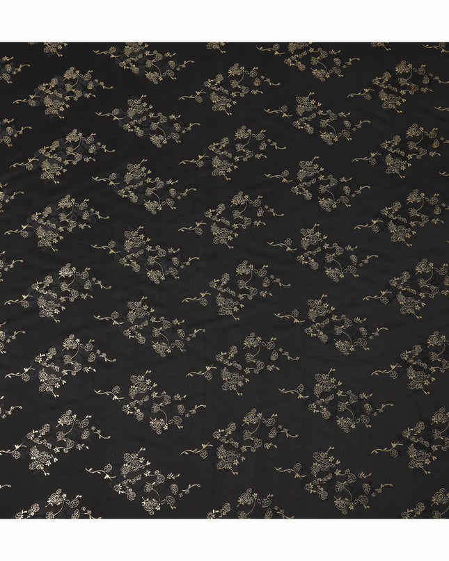 Black Metallic Floral Botanical Printed Pure Silk Crepe Fabric Soft Draping Lightweight Dress Material 140 Cms Width India Origin-D28827 Regal Fabrics
