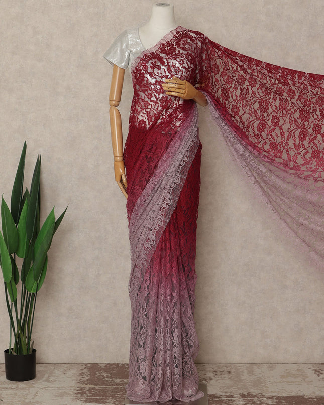 Red Mauve Ombre French Chantilly Lace Saree 5.5 Meters Length 110 Cms Width Premium Floral Lace Fabric Soft Sheer Elegant Draping Party Wear Saree Fabric France Origin-D28683 Regal Fabrics