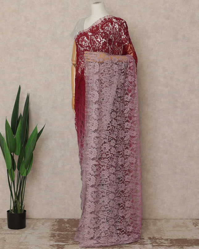 Red Mauve Ombre French Chantilly Lace Saree 5.5 Meters Length 110 Cms Width Premium Floral Lace Fabric Soft Sheer Elegant Draping Party Wear Saree Fabric France Origin-D28683 Regal Fabrics