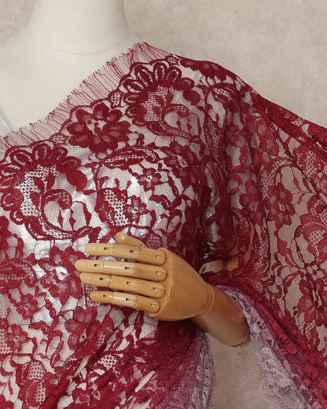 Red Mauve Ombre French Chantilly Lace Saree 5.5 Meters Length 110 Cms Width Premium Floral Lace Fabric Soft Sheer Elegant Draping Party Wear Saree Fabric France Origin-D28683 Regal Fabrics