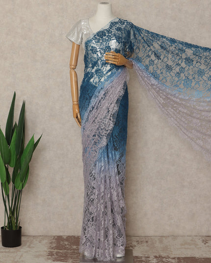 Teal Blue Lavender Ombre French Chantilly Lace Saree 5.5 Meters Length 110 Cms Width Premium Floral Lace Fabric Soft Sheer Elegant Draping Party Wear Saree Fabric France Origin-D28681 Regal Fabrics