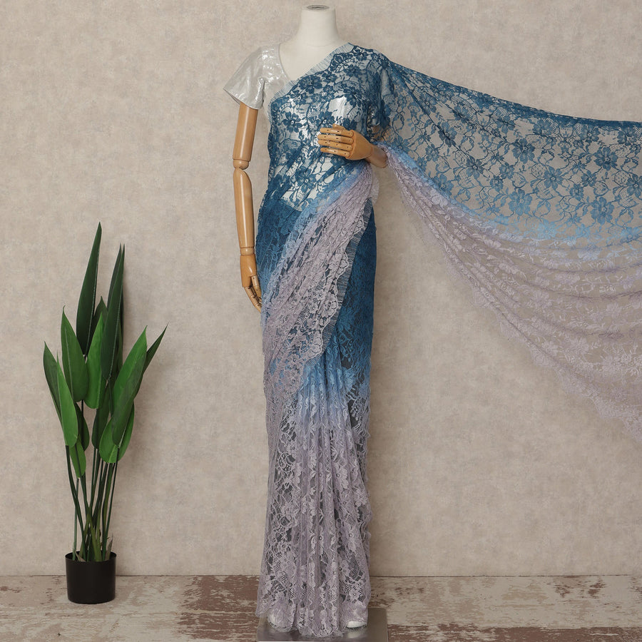 Teal Blue Lavender Ombre French Chantilly Lace Saree 5.5 Meters Length 110 Cms Width Premium Floral Lace Fabric Soft Sheer Elegant Draping Party Wear Saree Fabric France Origin-D28681 Regal Fabrics