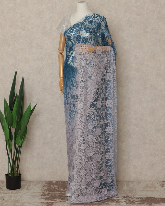Teal Blue Lavender Ombre French Chantilly Lace Saree 5.5 Meters Length 110 Cms Width Premium Floral Lace Fabric Soft Sheer Elegant Draping Party Wear Saree Fabric France Origin-D28681 Regal Fabrics