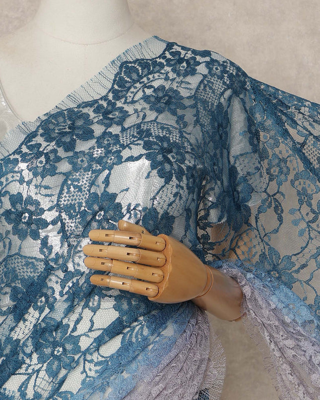 Teal Blue Lavender Ombre French Chantilly Lace Saree 5.5 Meters Length 110 Cms Width Premium Floral Lace Fabric Soft Sheer Elegant Draping Party Wear Saree Fabric France Origin-D28681 Regal Fabrics