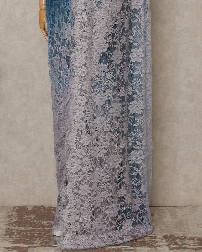 Teal Blue Lavender Ombre French Chantilly Lace Saree 5.5 Meters Length 110 Cms Width Premium Floral Lace Fabric Soft Sheer Elegant Draping Party Wear Saree Fabric France Origin-D28681 Regal Fabrics